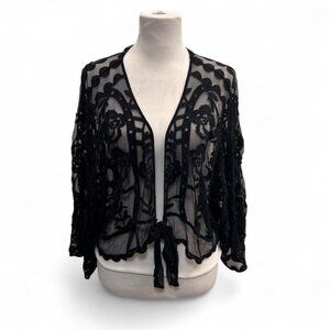 LC Lauren Conrad Black Floral Mesh Embroidered Tie Front Shrug One Size